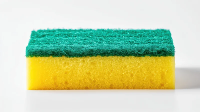 Yellow and green kitchen sponge with textured scrubbing layer on white background