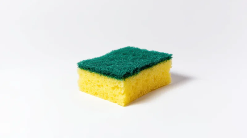 Yellow and green kitchen sponge with textured scrubbing side on white background