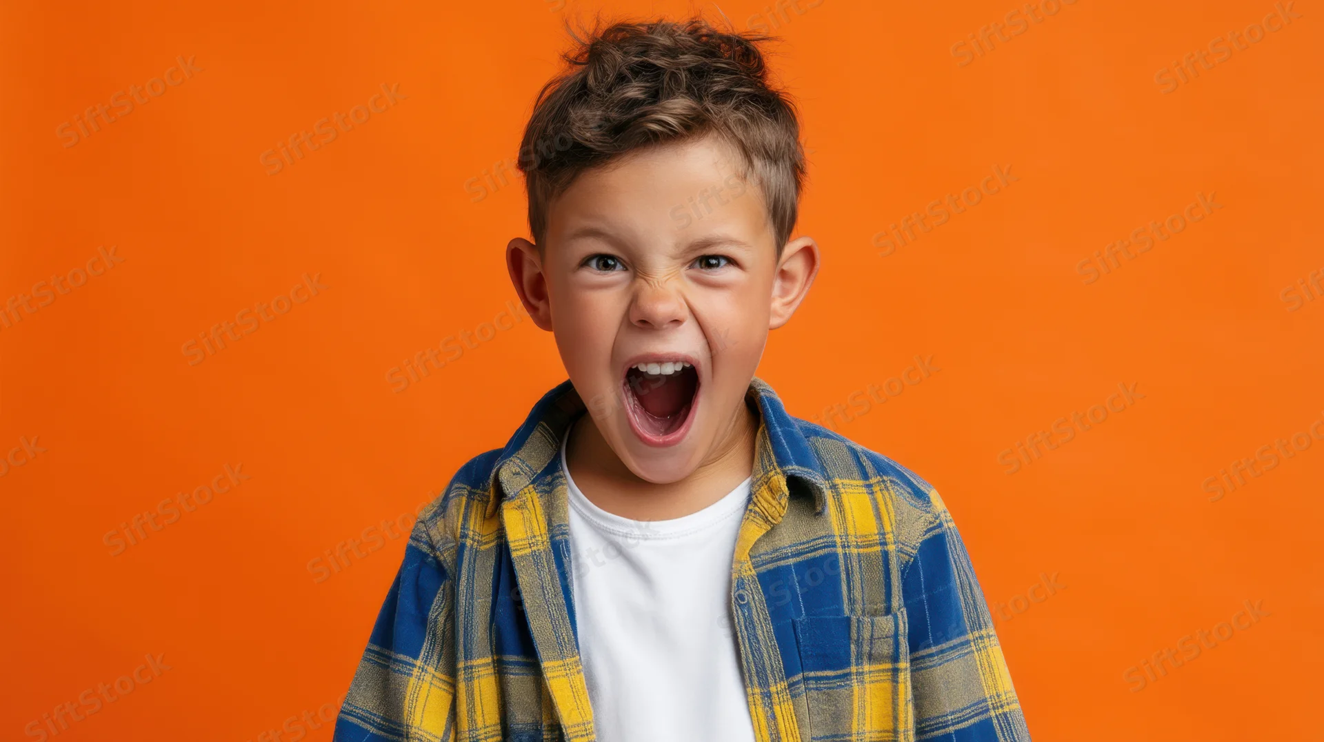 Young boy shouting with intense expression against orange background