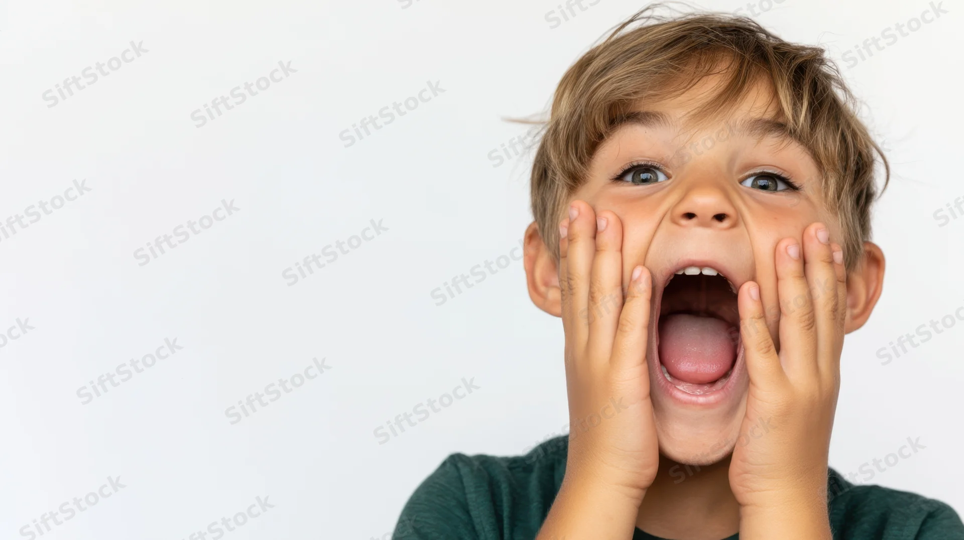Young boy shouting with hands on cheeks against white background