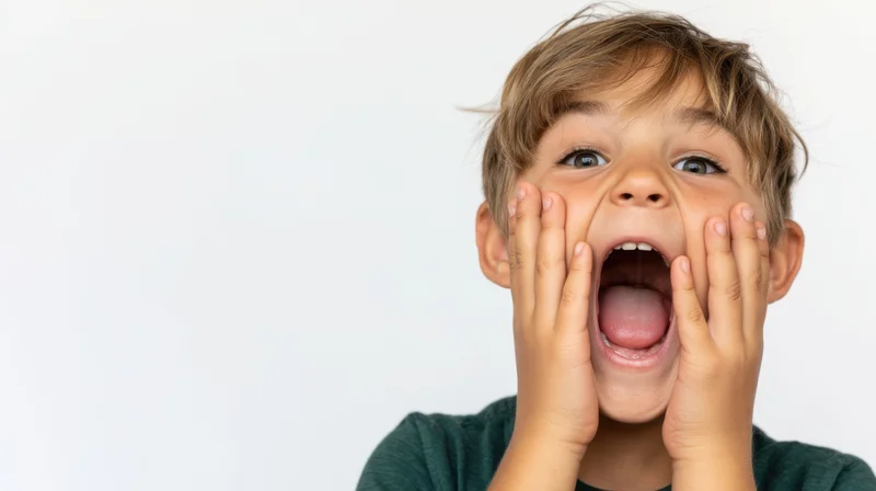 Young boy shouting with hands on cheeks against white background