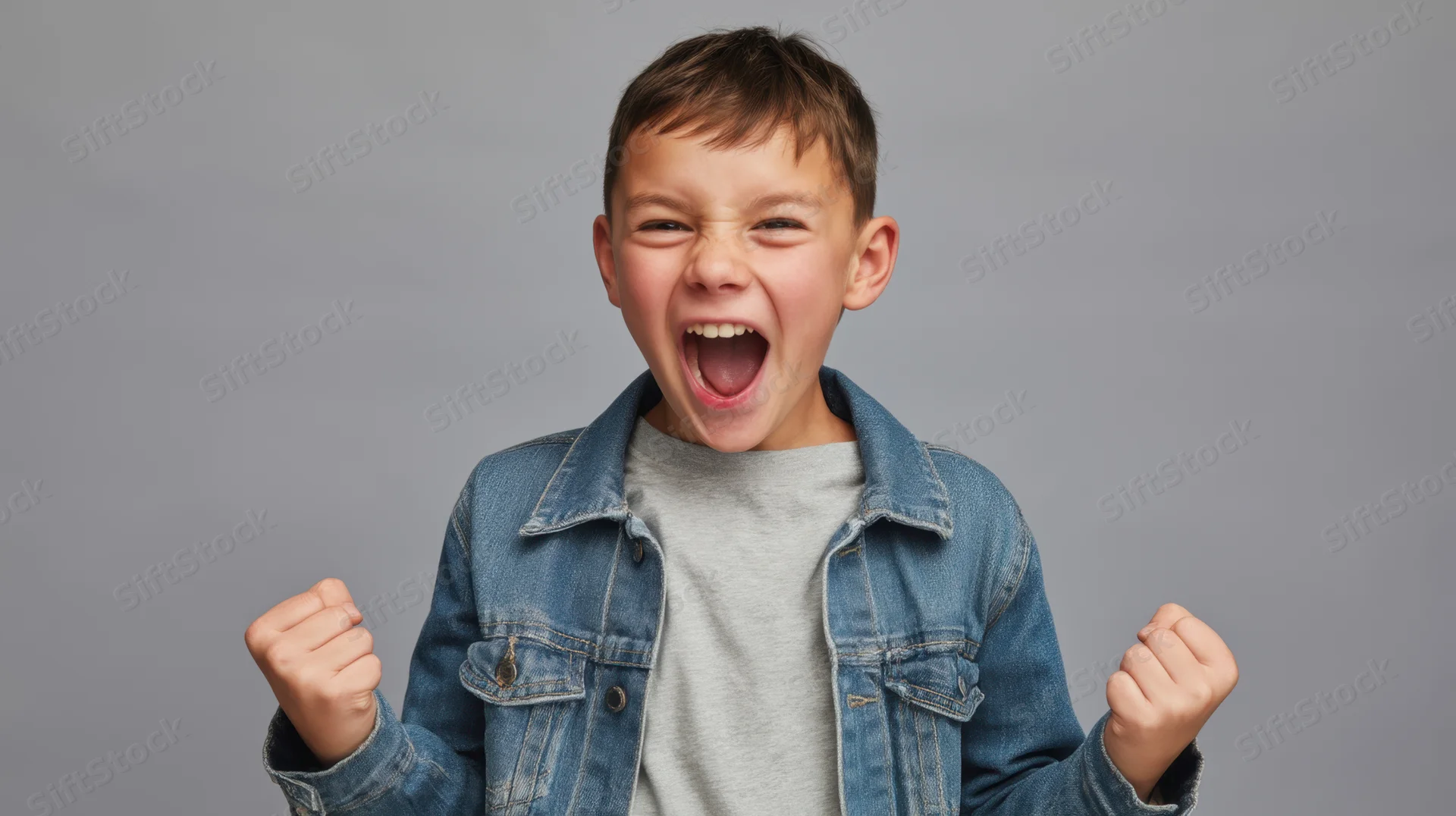 Young boy shouting with clenched fists in denim jacket against gray background