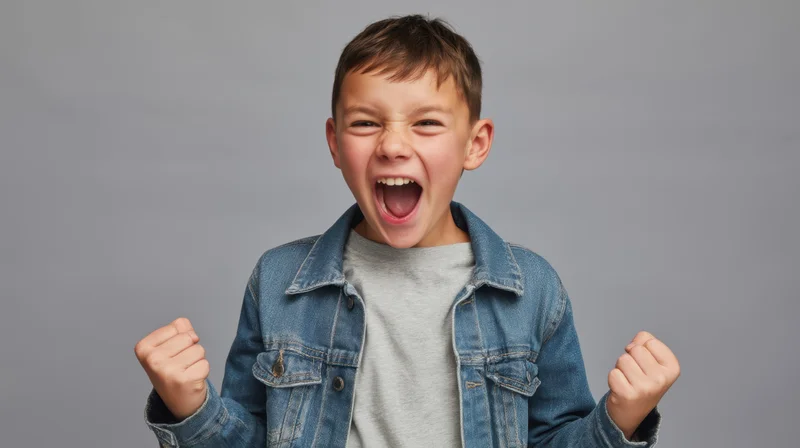 Young boy shouting with clenched fists in denim jacket against gray background