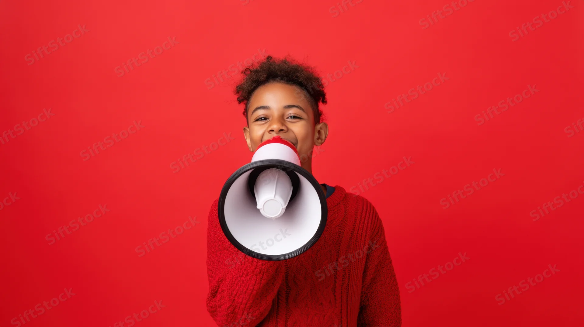 Young black boy shouting into a red and white megaphone against a red background