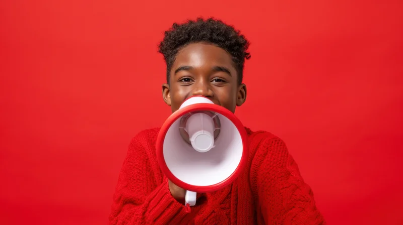 Young black boy shouting into a red and white megaphone against a red background