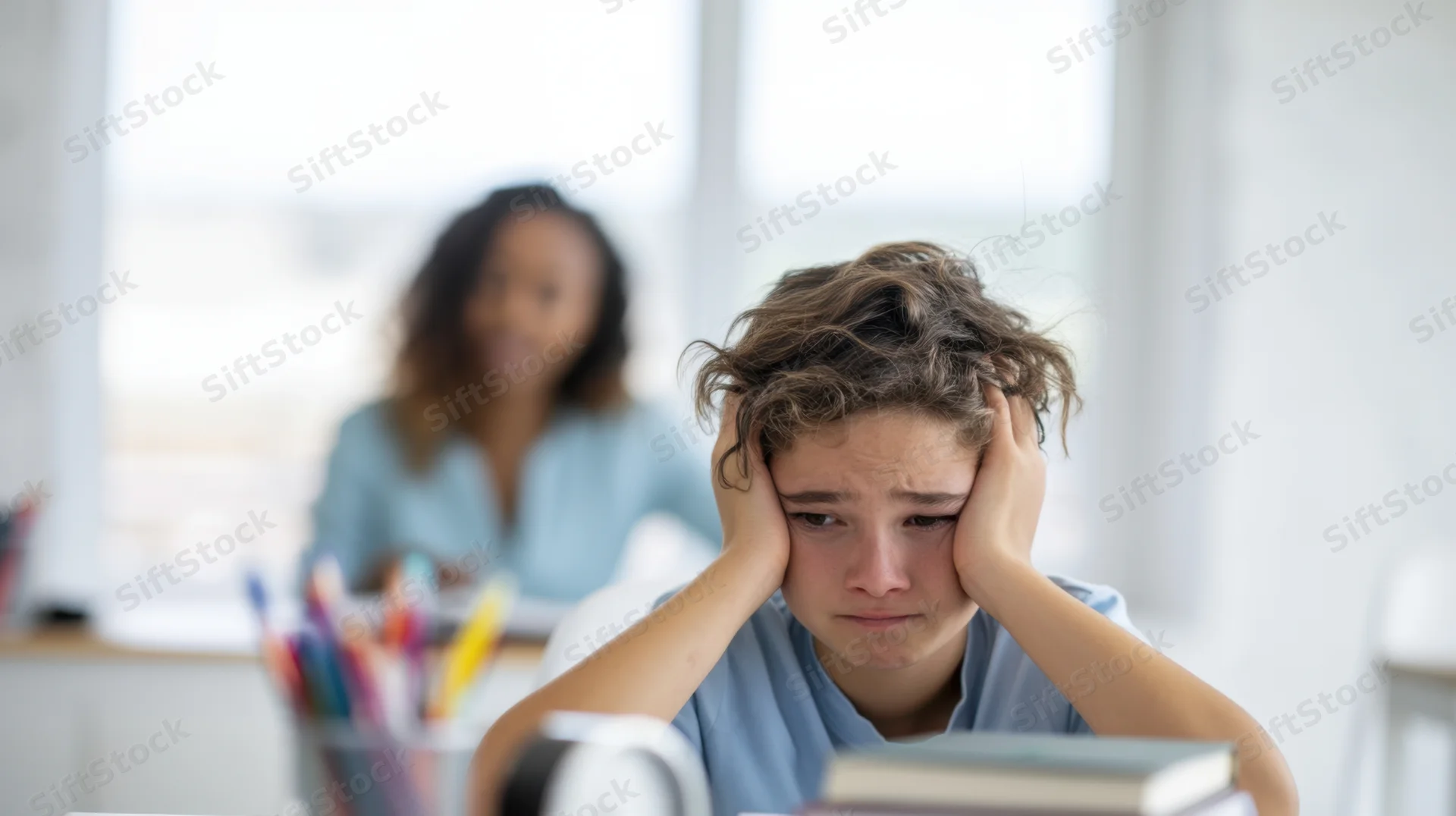 Young boy sitting at desk covering his ears with hands in classroom setting