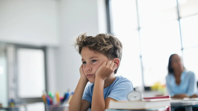 Young boy sitting at desk in classroom with hands on cheeks, looking away from teacher