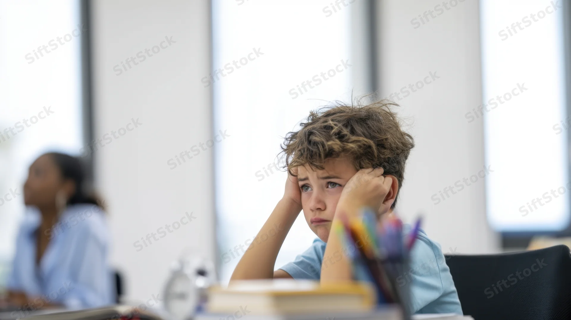 Young boy sitting at desk with hands on head in classroom setting