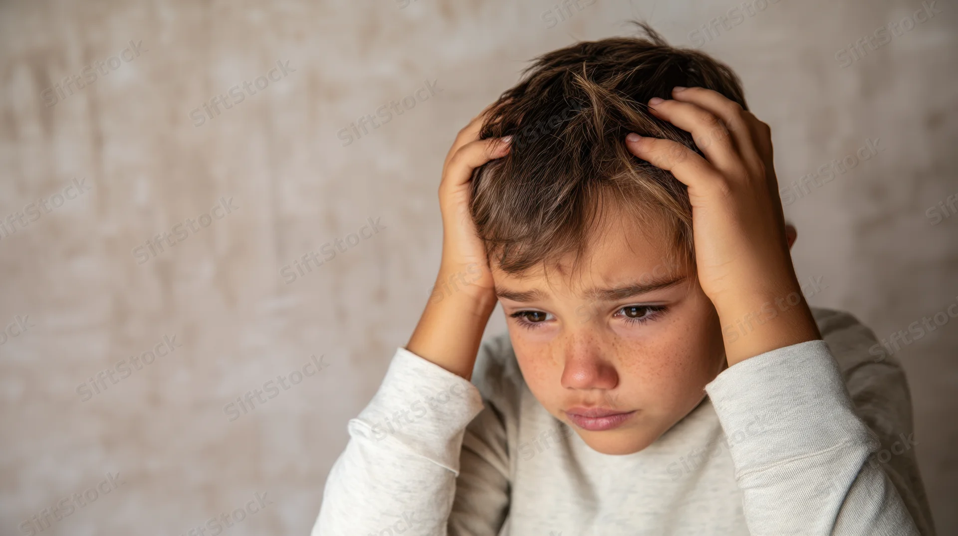 Young boy with distressed expression clutching his head indoors