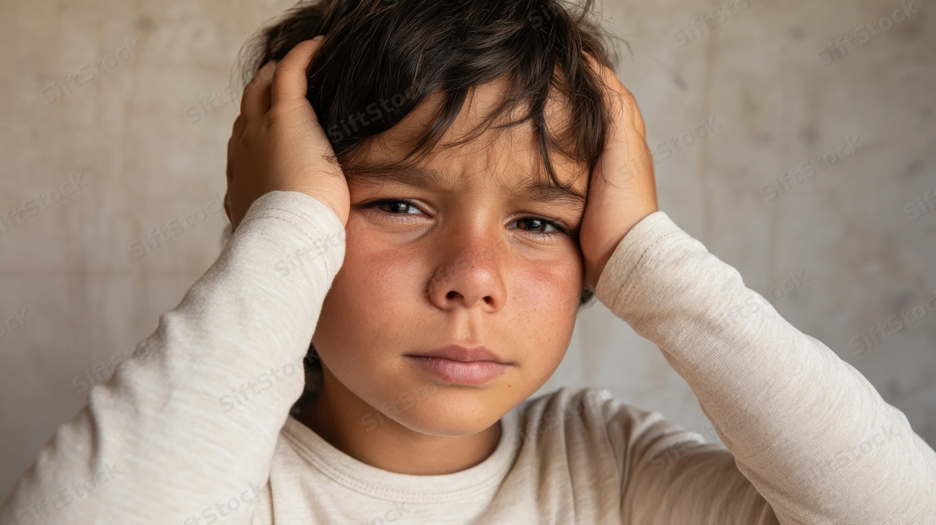 Young boy with distressed expression clutching his head indoors