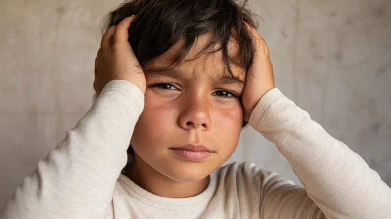 Young boy with distressed expression clutching his head indoors