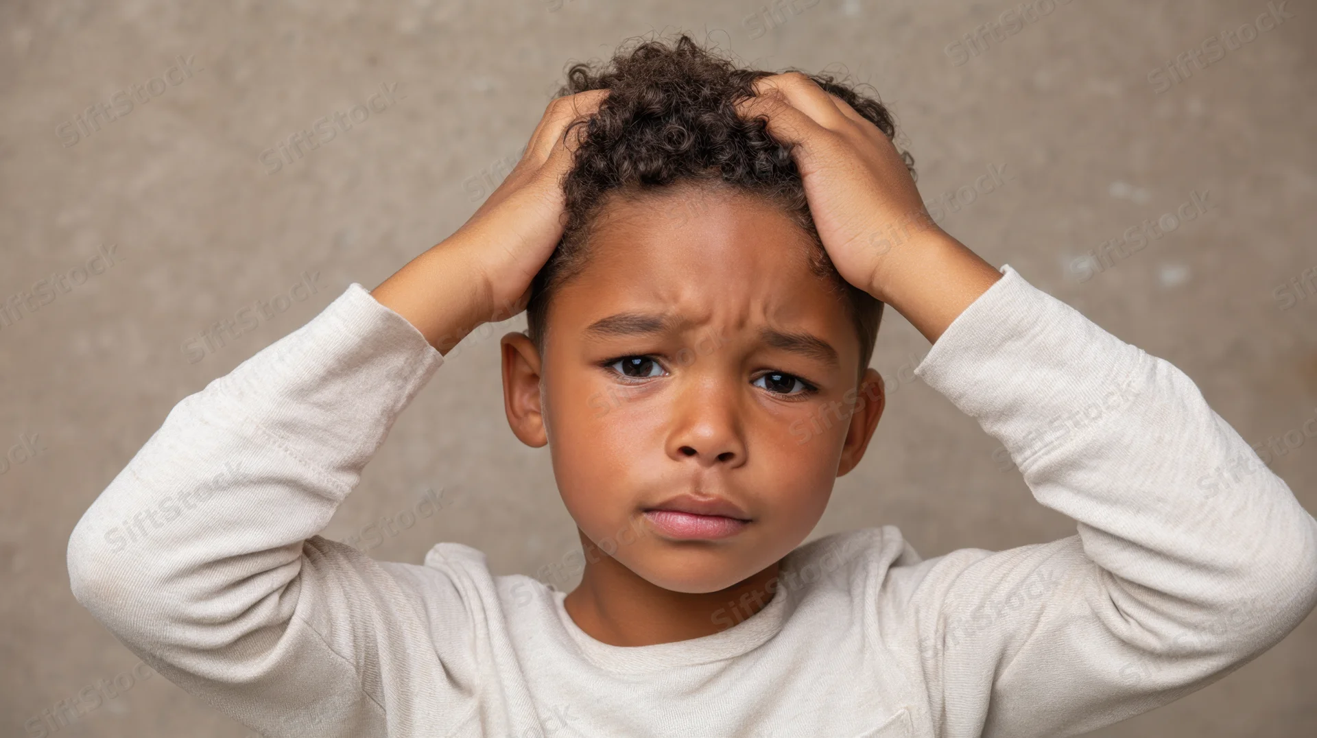 Young boy with distressed expression clutching his head with hands against neutral background