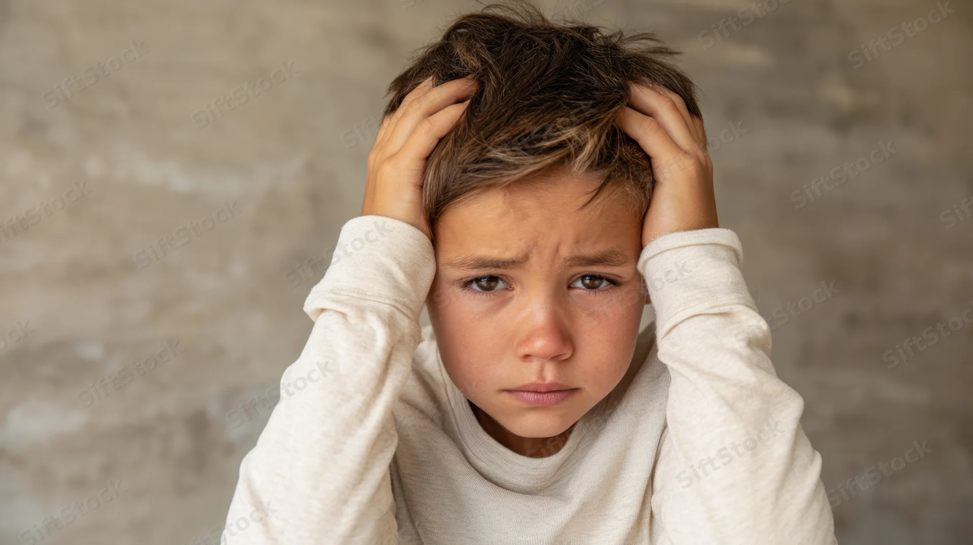 Young boy with distressed expression clutching his head indoors