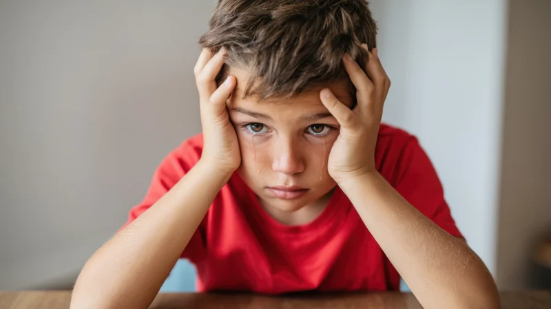 Young boy with distressed expression holding head in hands at table indoors