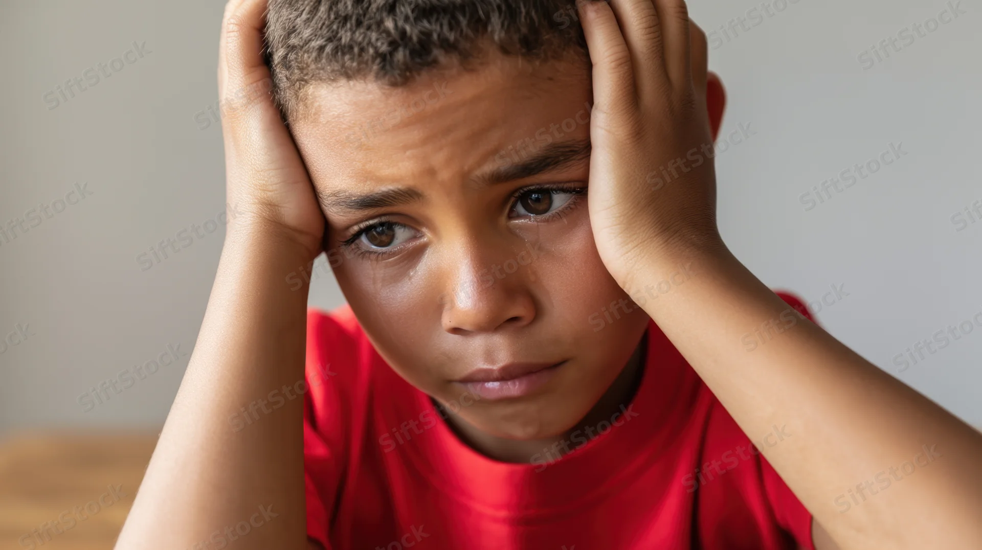 Young black boy with distressed expression holding head, tears streaming down face, wearing red t-shirt indoors