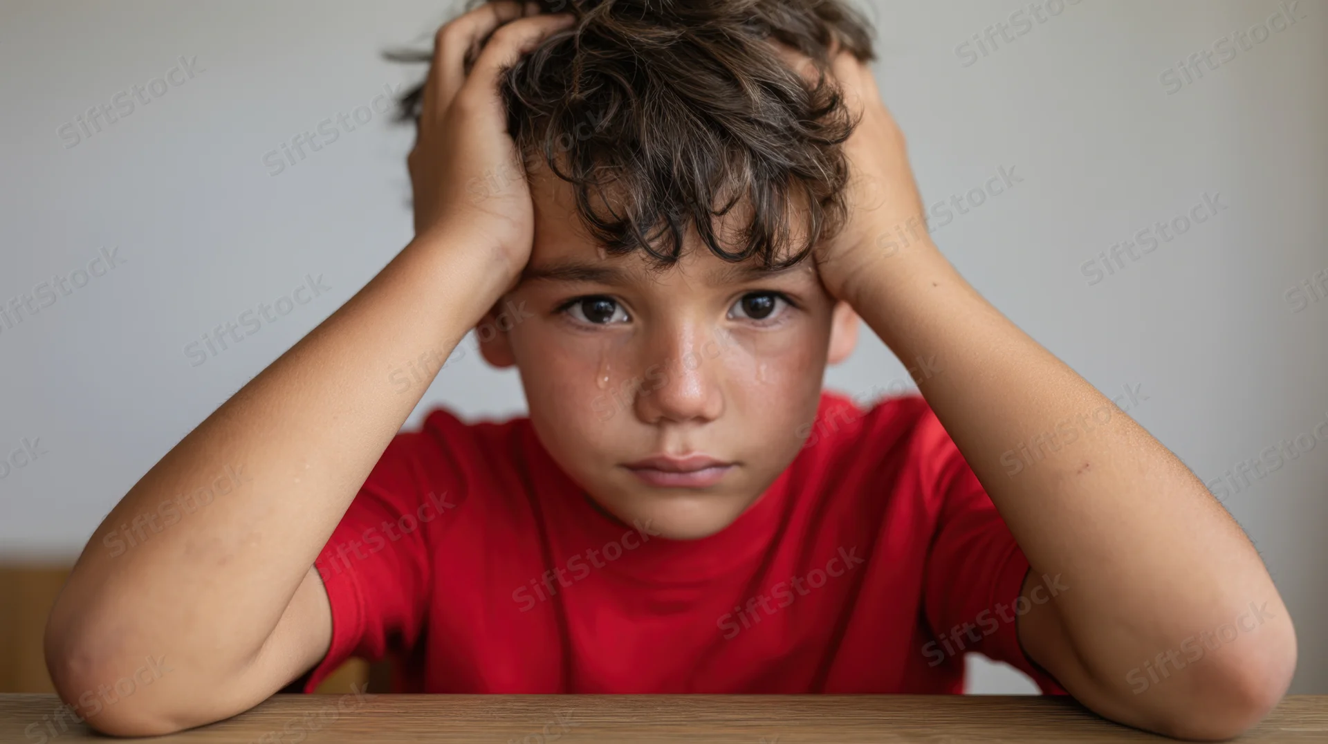 Young boy with tears on his face holding head in hands at wooden table
