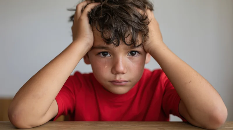 Young boy with tears on his face holding head in hands at wooden table
