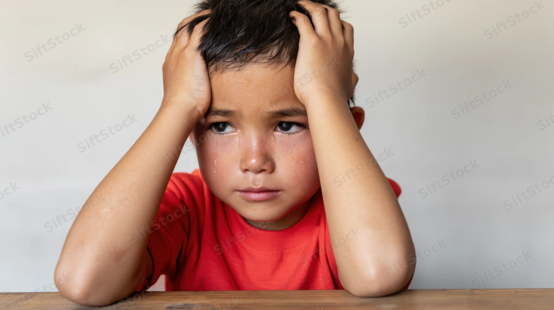 Young boy crying with hands on head at wooden table indoors