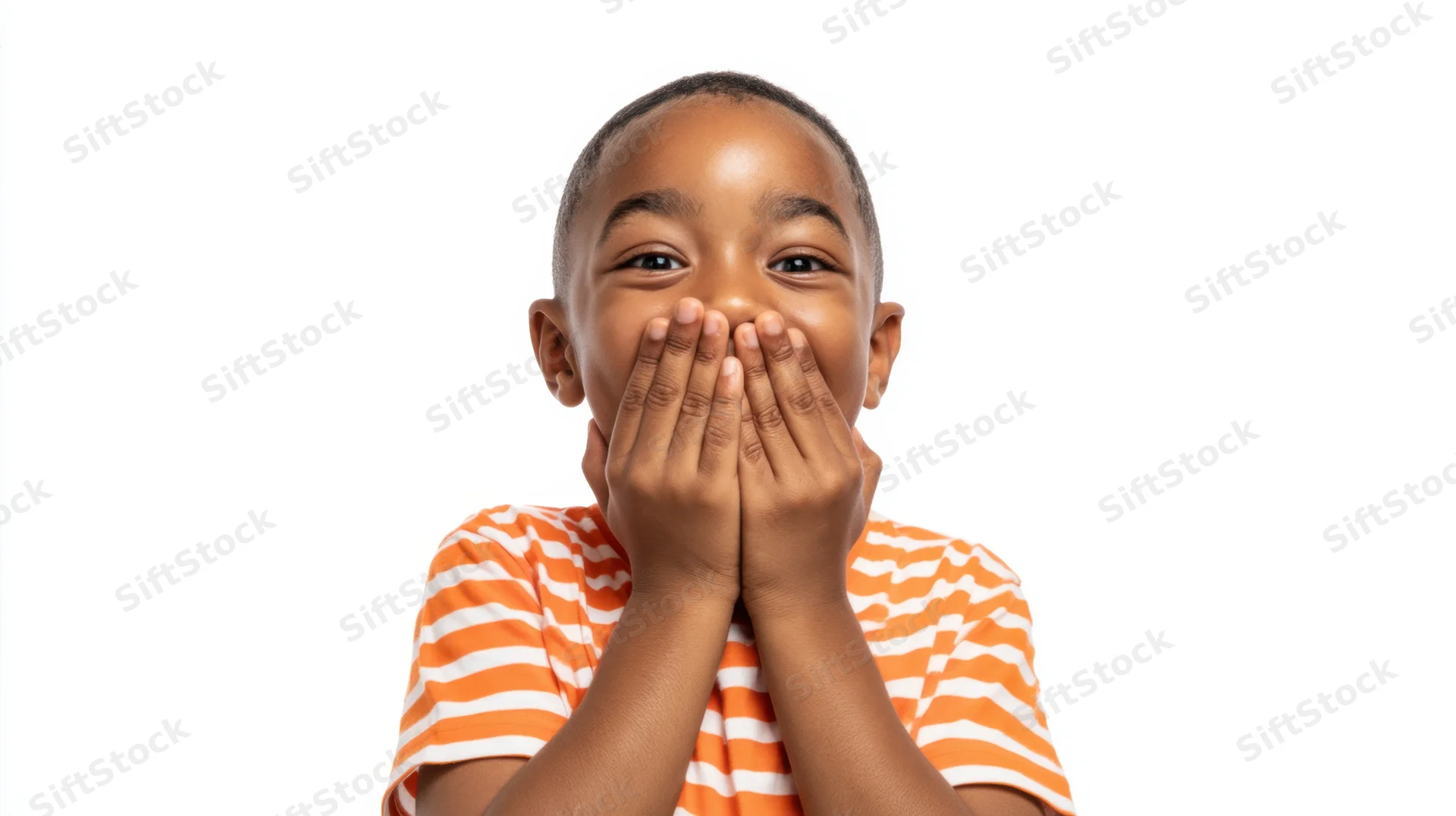 Young black boy laughing with hands covering his mouth against white background
