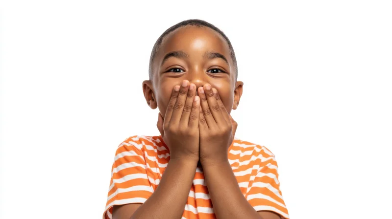 Young black boy laughing with hands covering his mouth against white background
