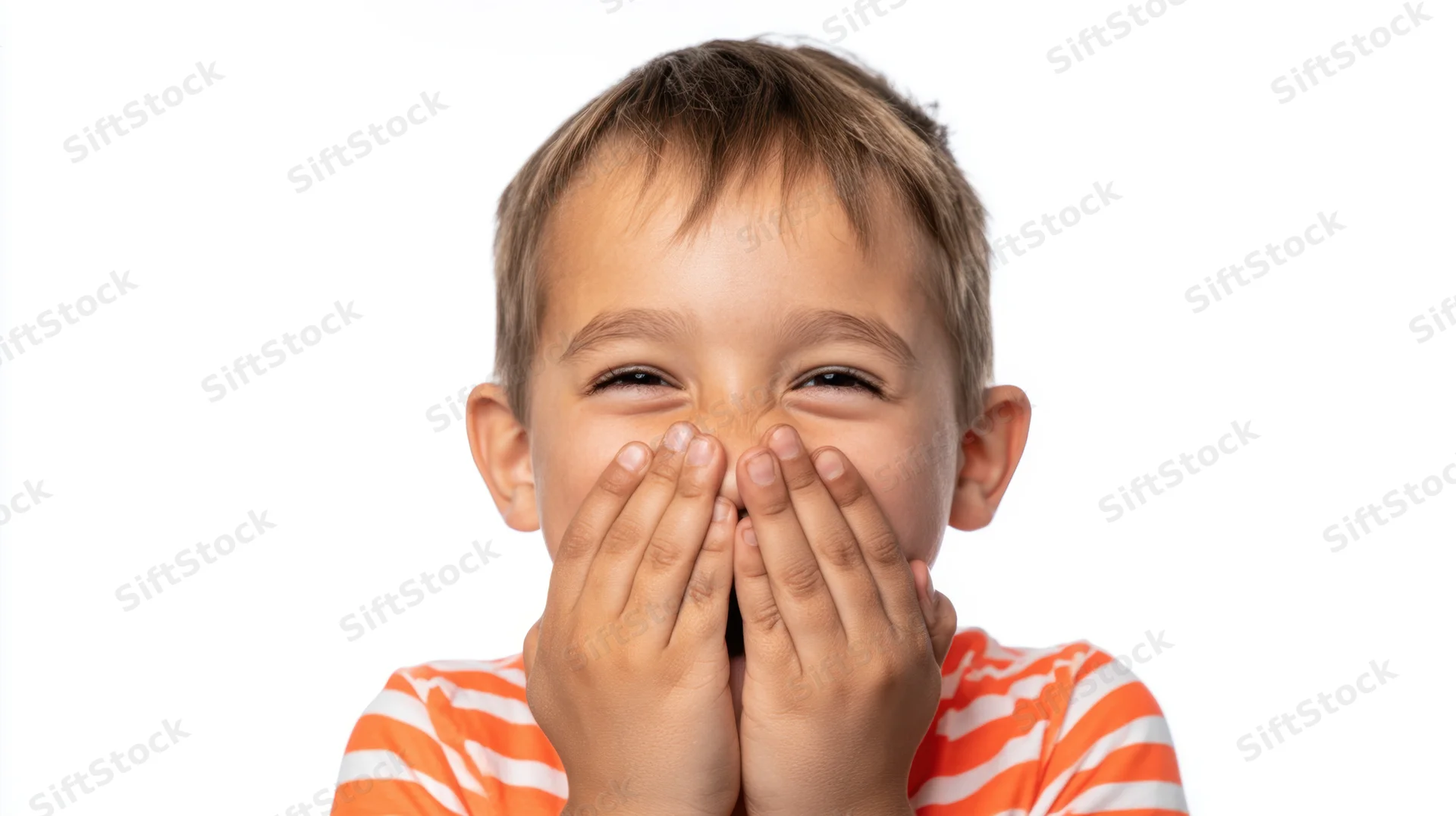Young boy laughing with hands covering his mouth against white background