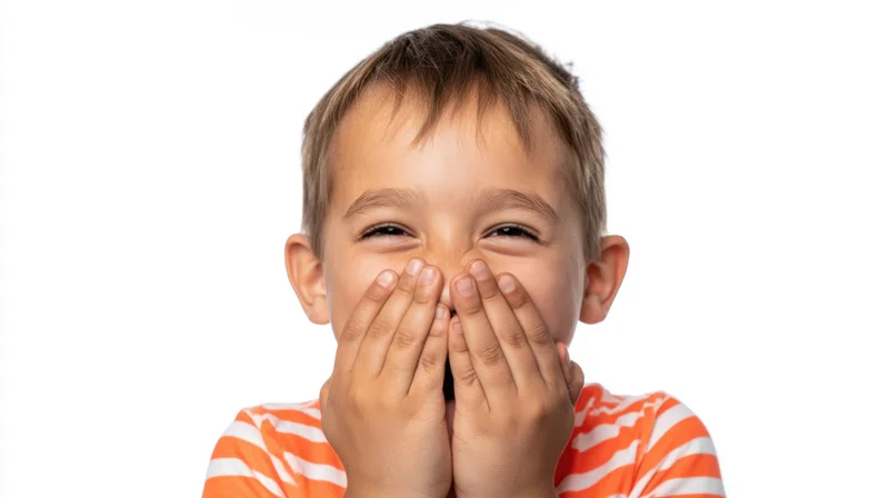 Young boy laughing with hands covering his mouth against white background