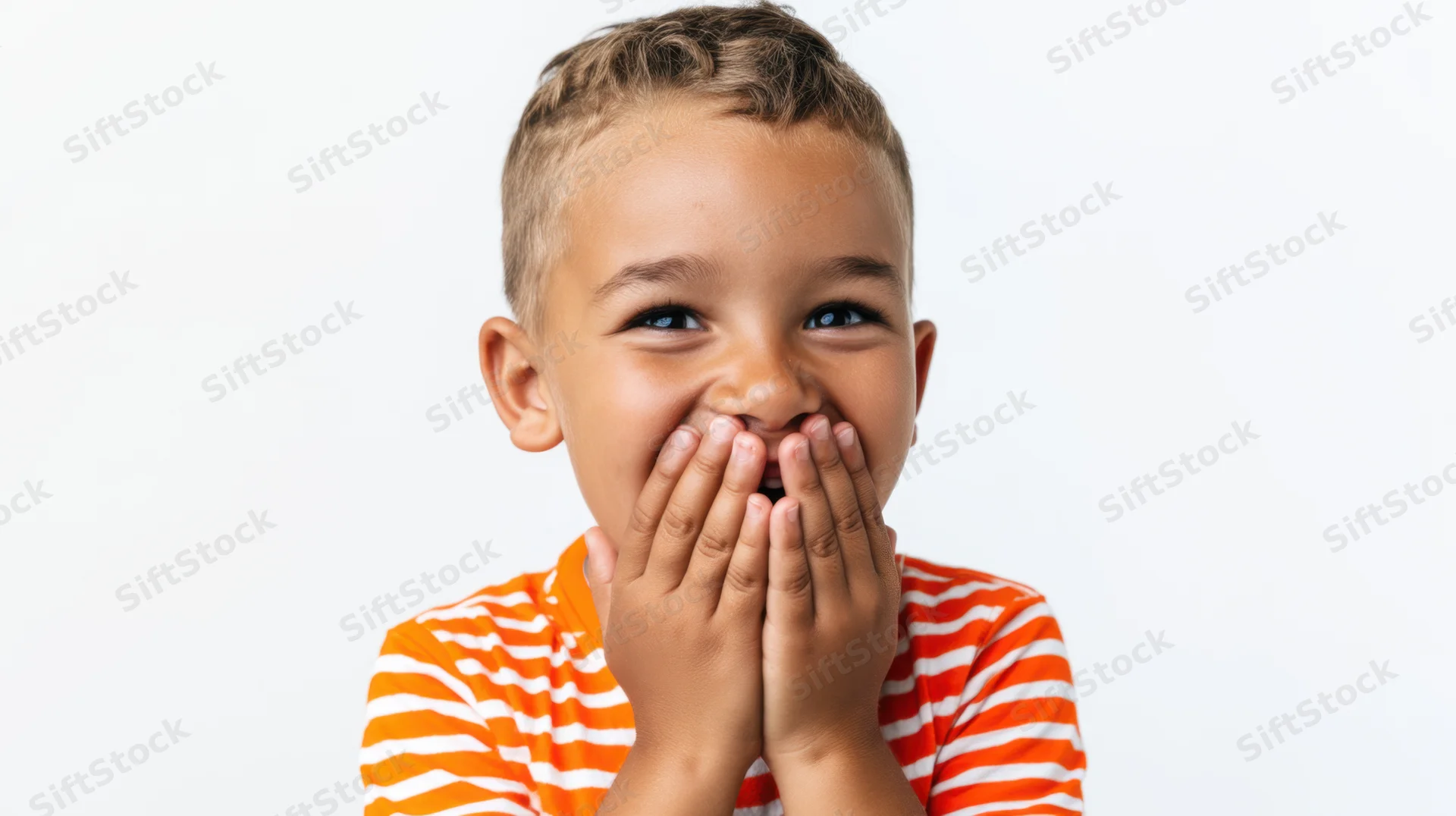 Young hispanic boy laughing with hands covering his mouth in a studio portrait