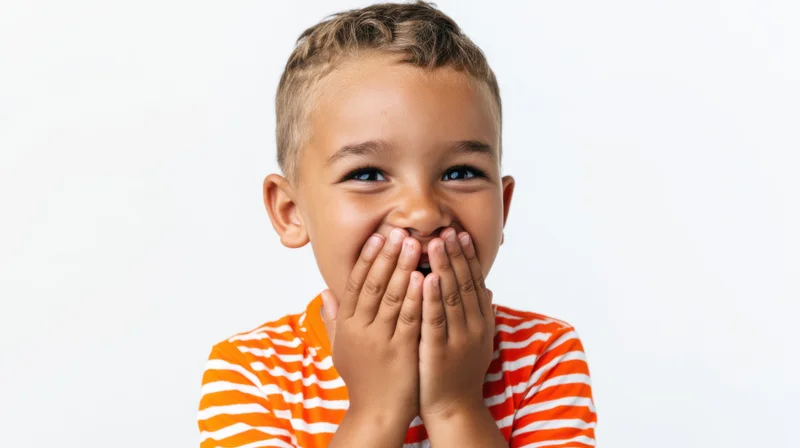 Young hispanic boy laughing with hands covering his mouth in a studio portrait