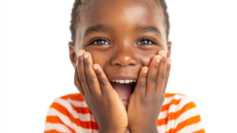 Young black boy shouting with joyful expression, hands on cheeks, wearing orange and white striped shirt against white background