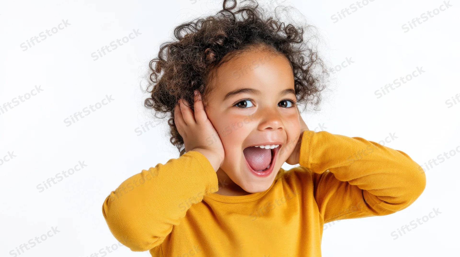 Young girl laughing with hands on ears in yellow shirt against white background