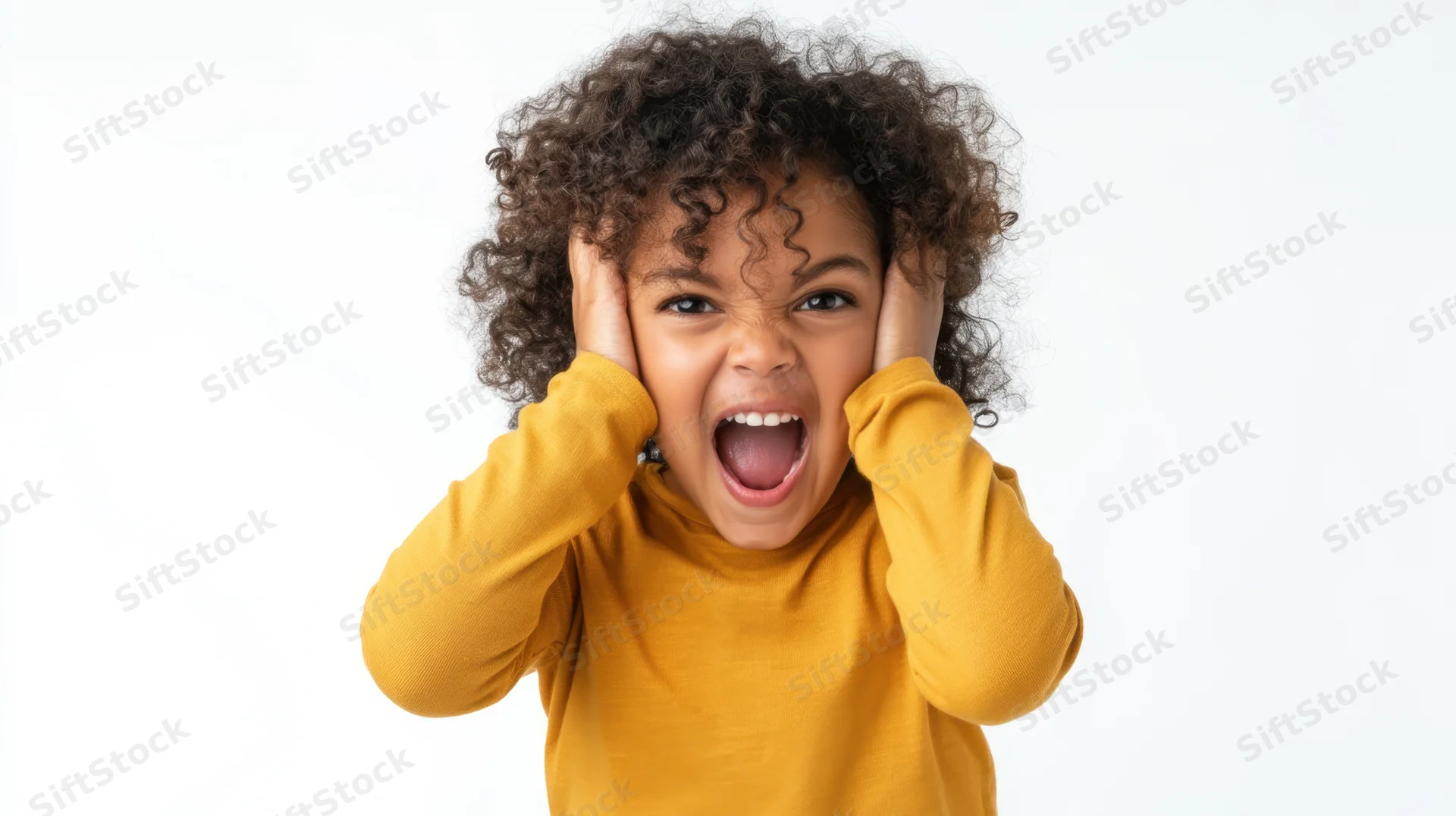 Young black girl screaming with hands over ears in studio portrait