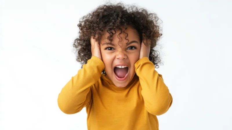 Young black girl screaming with hands over ears in studio portrait