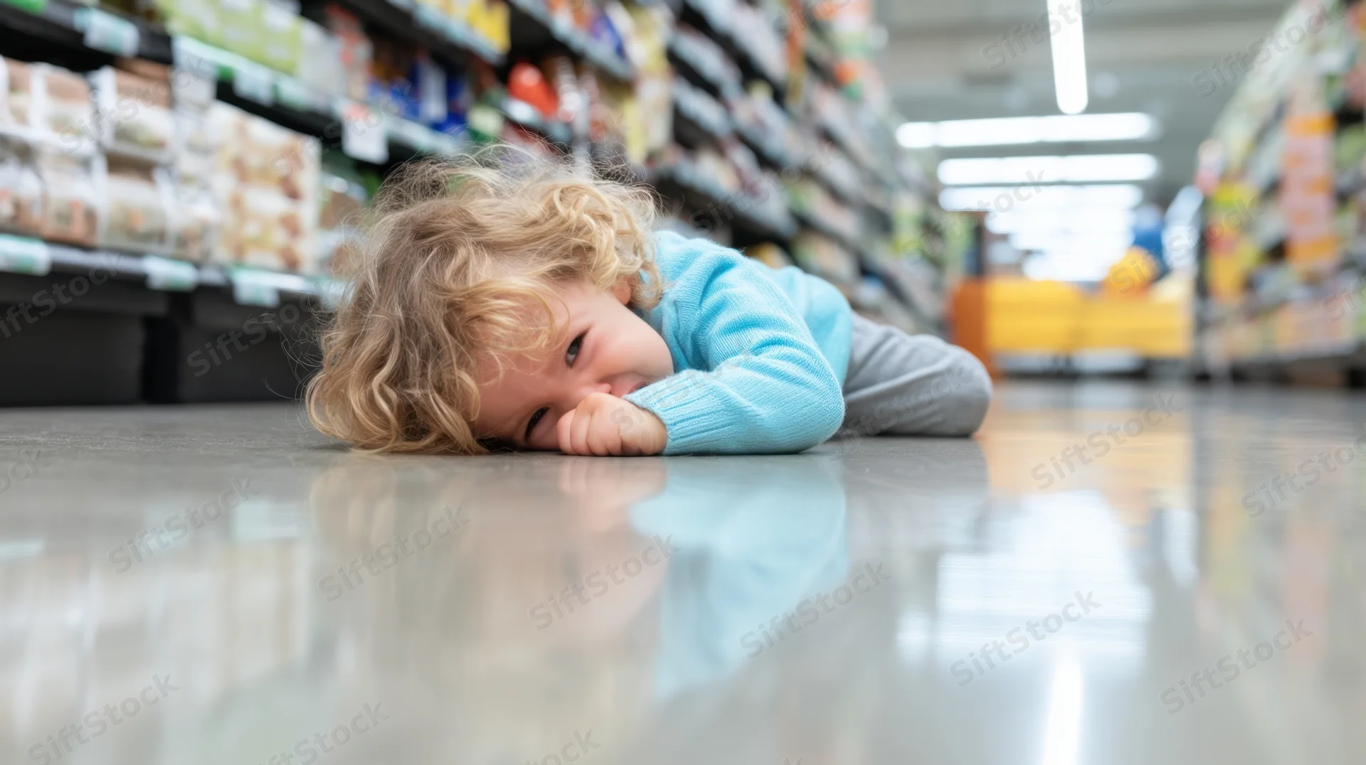 Young child lying on supermarket floor with face in hands, visibly upset during shopping trip