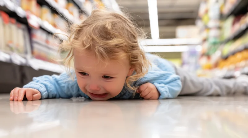 Toddler lying on supermarket floor crying with curly blonde hair and blue sweater