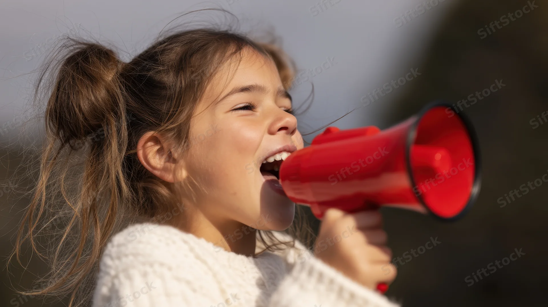 Young girl shouting into a red megaphone outdoors in sunlight