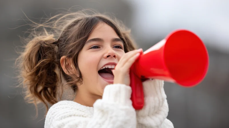 Young girl shouting into a red megaphone outdoors