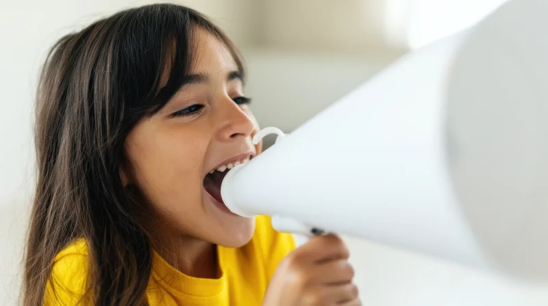 Young girl shouting into a white megaphone indoors