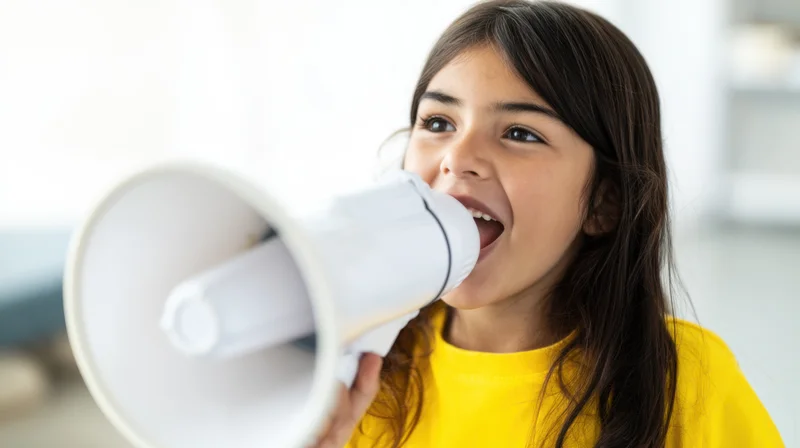 Young girl shouting into a white megaphone indoors with bright lighting and copyspace in the background