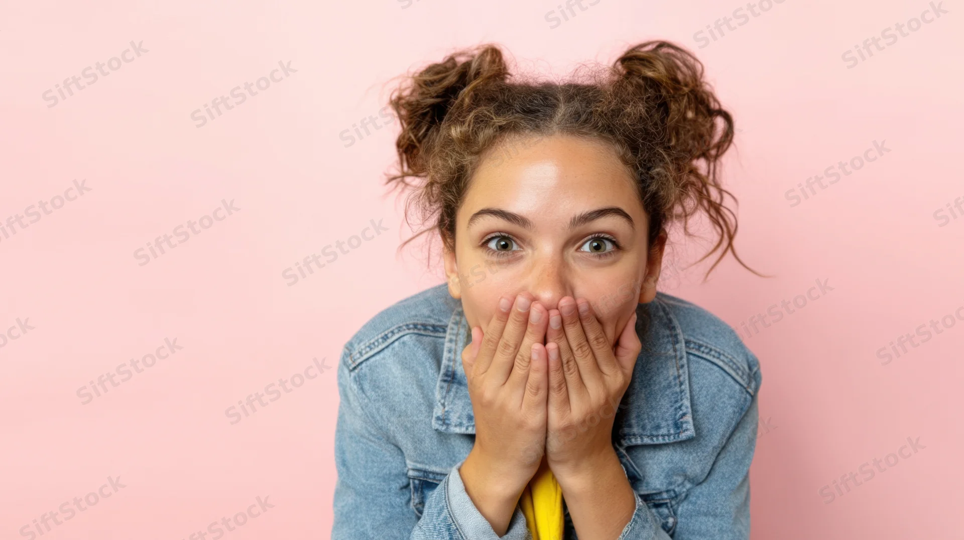 Young girl with curly hair in pigtails covering her mouth in surprise against pink background