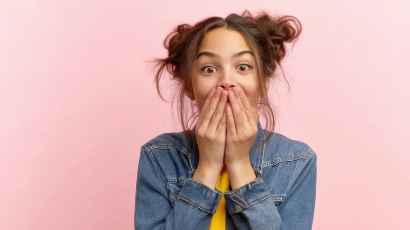 Young girl with surprised expression covering her mouth in denim jacket against pink background