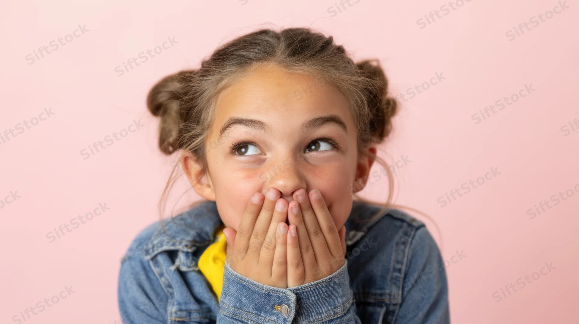 Young girl with hands over mouth looking sideways in denim jacket against pink background