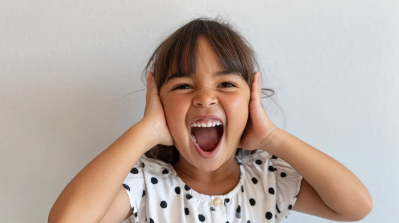 Young hispanic girl laughing with hands on ears wearing white polka dot dress indoors