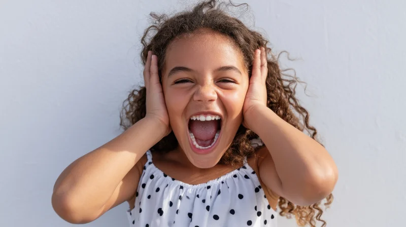 Young girl laughing with hands on ears wearing white polka dot dress outdoors