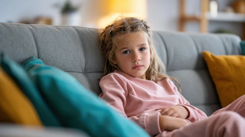 Young girl sitting on gray sofa in home interior wearing pink pajamas