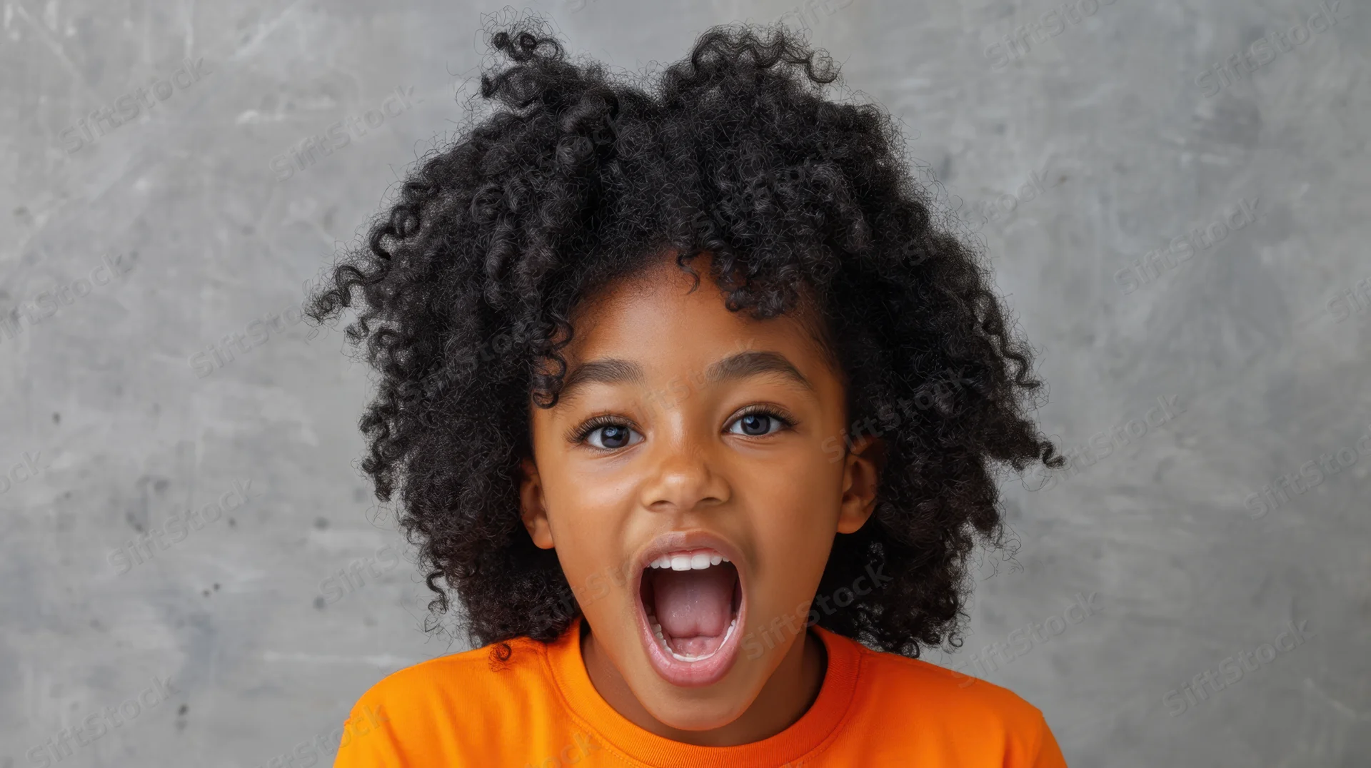 Young black girl with curly hair expressing surprise in studio portrait wearing orange shirt