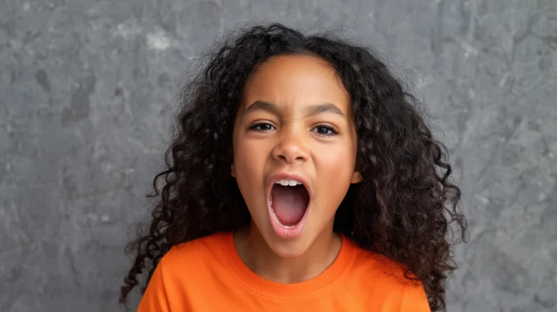Young girl with curly black hair shouting in front of gray textured wall wearing orange shirt