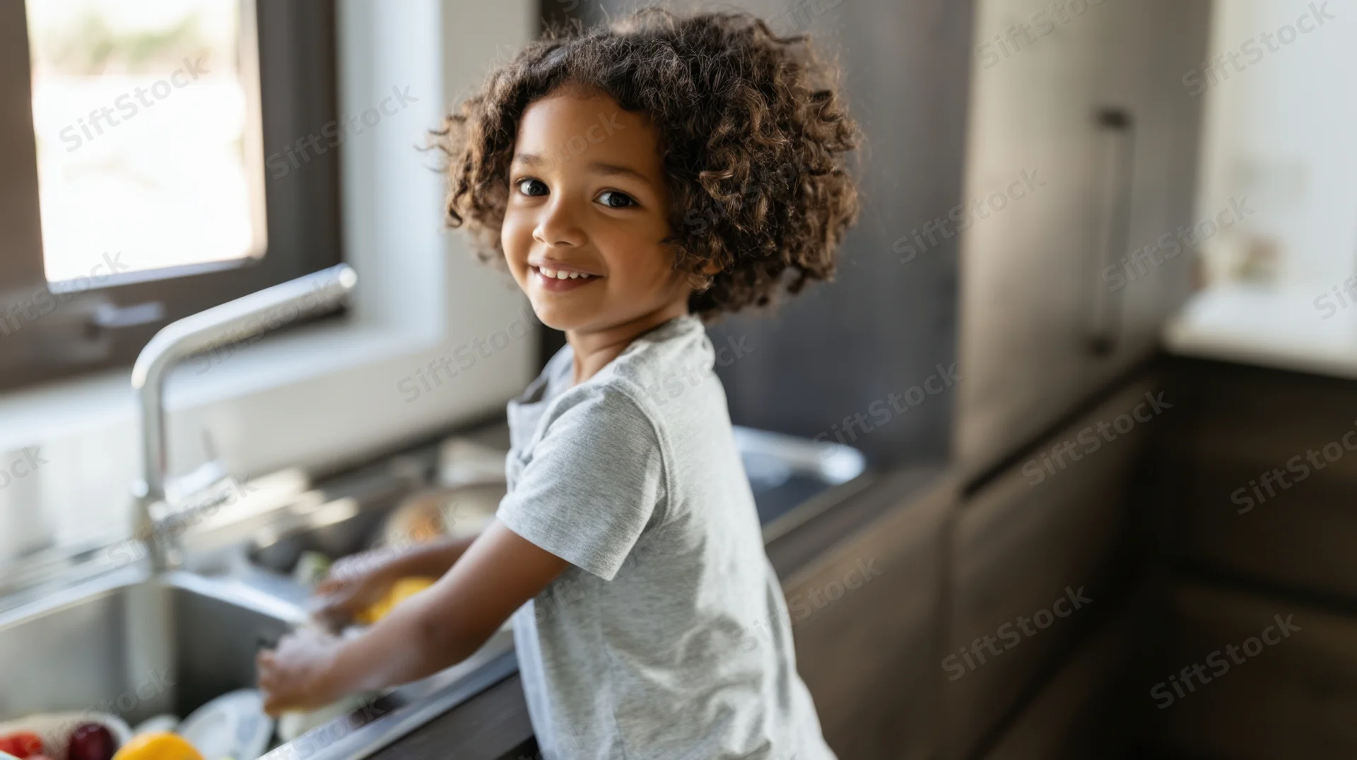 Young girl with curly hair washing dishes in a modern kitchen sink, smiling over her shoulder