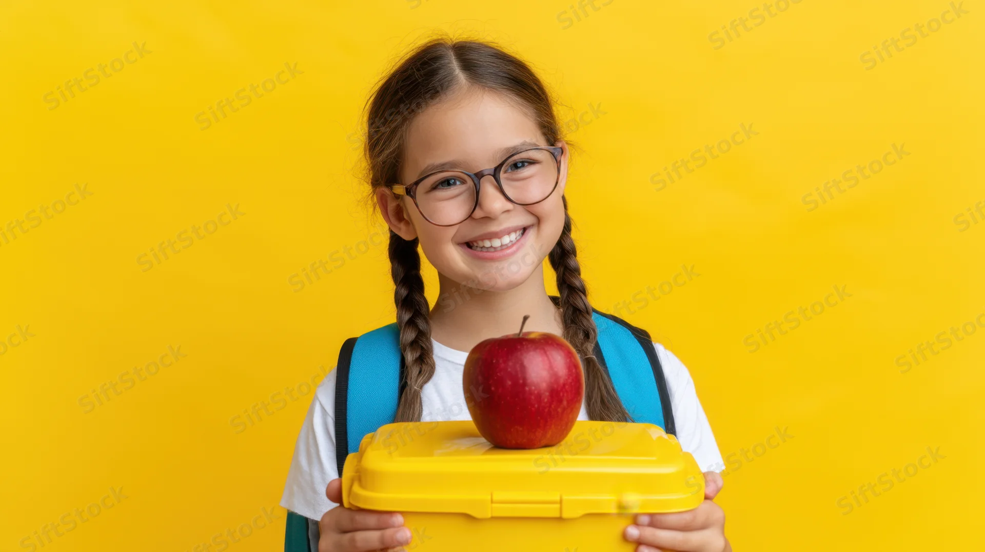 Young girl with glasses smiling while holding yellow lunchbox with apple on top against yellow background