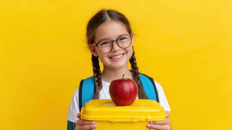 Young girl with glasses smiling while holding yellow lunchbox with apple on top against yellow background