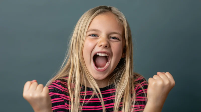 Young girl with long straight blonde hair shouting excitedly with clenched fists raised in celebration
